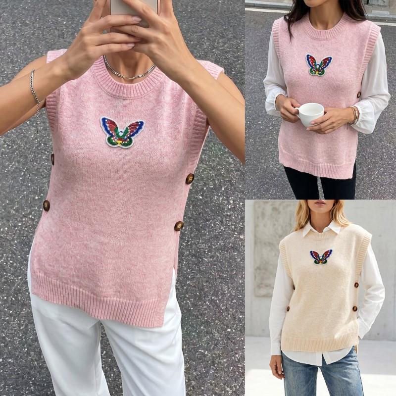 Womens Knit Vest With Sequin Butterfly Appliqu Round Neck Lightweight Casual Sleeveless Top Fall