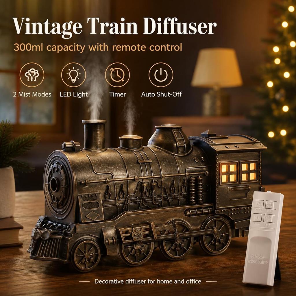 Vintage Christmas Train Oil Diffuser Essential Oils 300ml Remote 2 Mist Modes