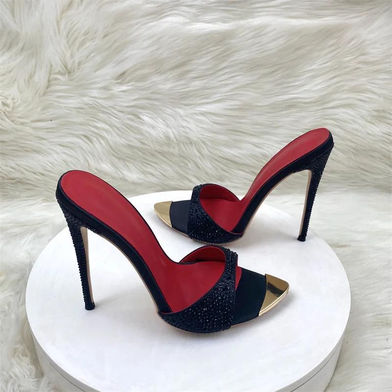 Кристально-черные блестящие модные женские босоножки на каблуках 12 см, свадебные сексуальные туфли, женские тапочки, большие размеры 33-45