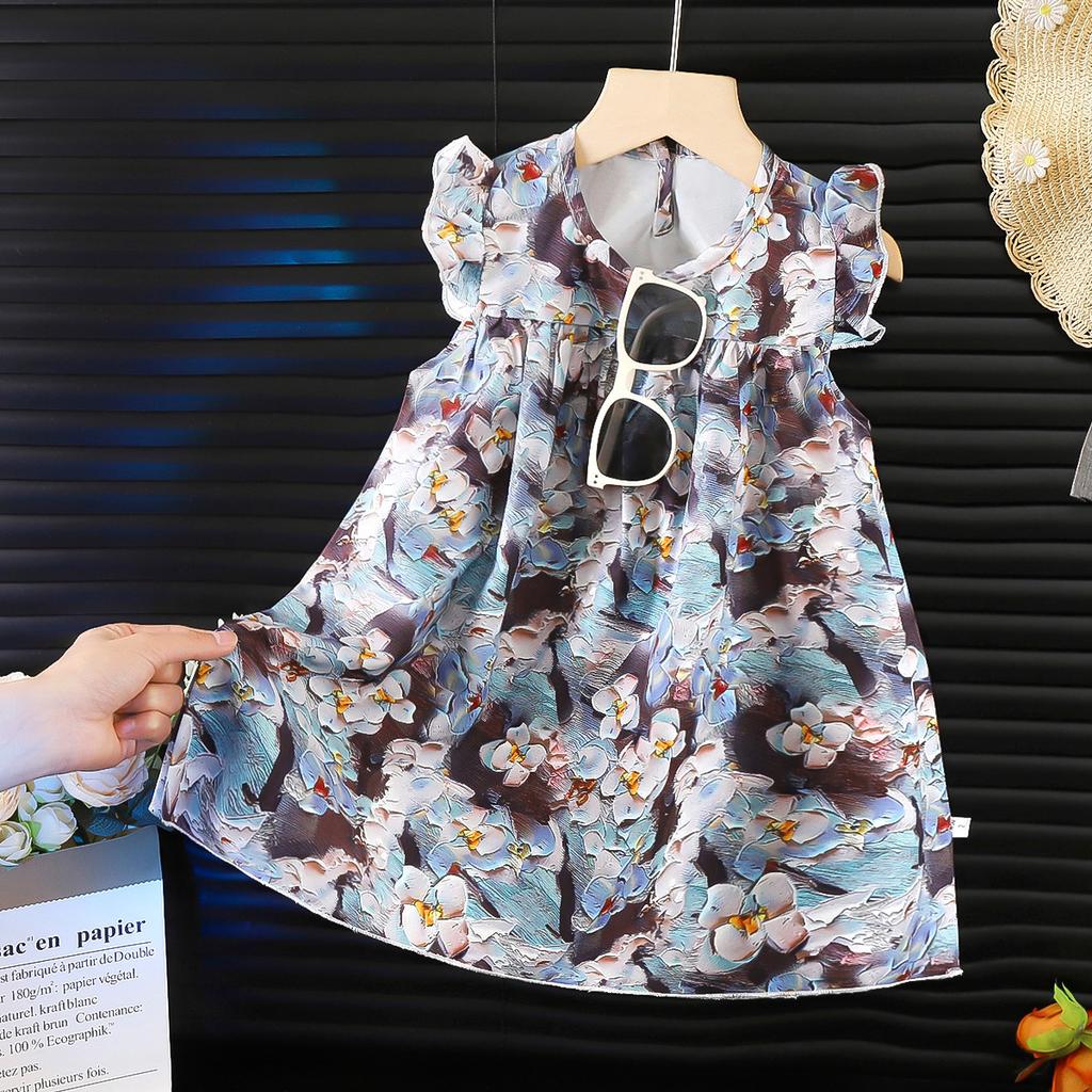 Летняя одежда для девочек 2025 новый стиль платье-жилет, шифоновое платье с цветочным принтом для девочек, детское платье