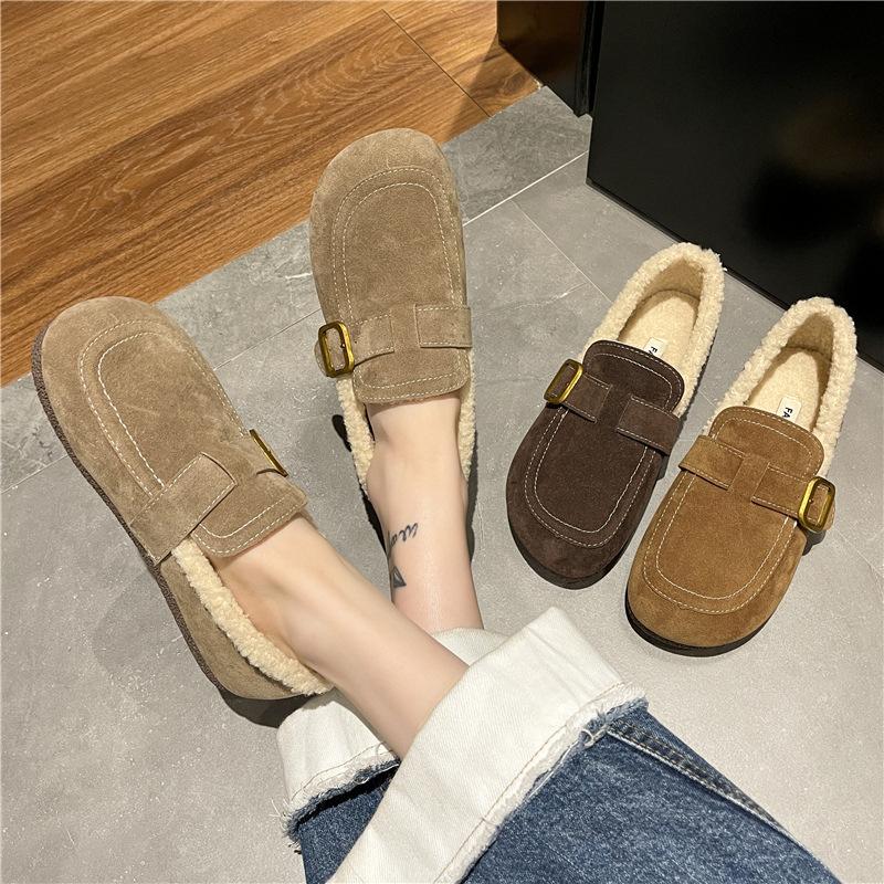 2025 осень-зима новые женские туфли Doudou из бархата, одинарные туфли из овечьей шерсти, повседневные туфли на плоской подошве из японского теплые хлопковые туфли из шерсти