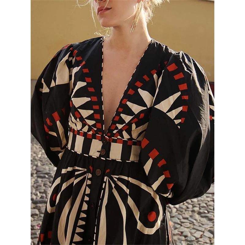 Черное платье с V-образным вырезом и принтом, рукав-фонарик, женская мода, высокая талия, миди-платья, женские профессиональные халаты, винтаж