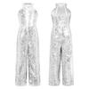 Kids Girls Halter Shiny Sequins Jazz Latin Dance Jumpsuit Sleeveless High Waist Pageant Romper Long Pants