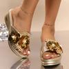New Plus Size Women's Peep-Toe Wedge Sandals Glitter Rhinestone Flower Embellished Slip-On Slippers Summer Casual Shoes