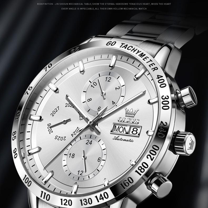 OLEVS Брендовые деловые повседневные модные автоматические механические часы с тремя глазами, мужские часы