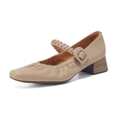 Овечья кожа Лето Весна Осень Средний каблук Пряжка Ремешки Женские Туфли-лодочки с квадратным носком Неглубокие туфли