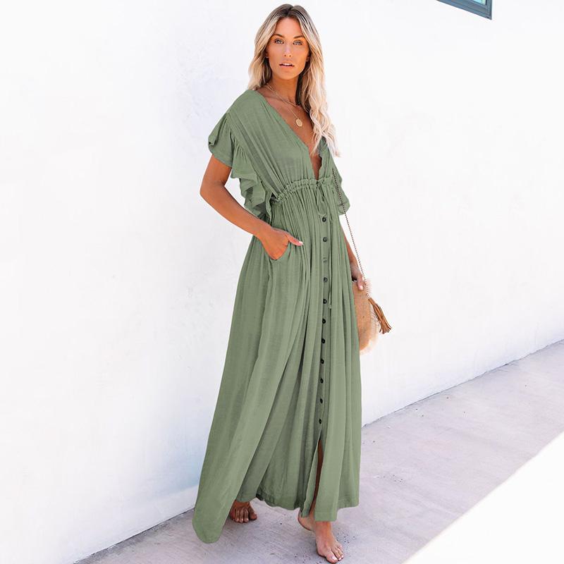 Bikini ustidan yopadigan ayollar bohem plyaj maksi ko'ylagi paxtadan V-kesimli, frillli, elegant tunika, cho'milish kiyimi, uzun xalat