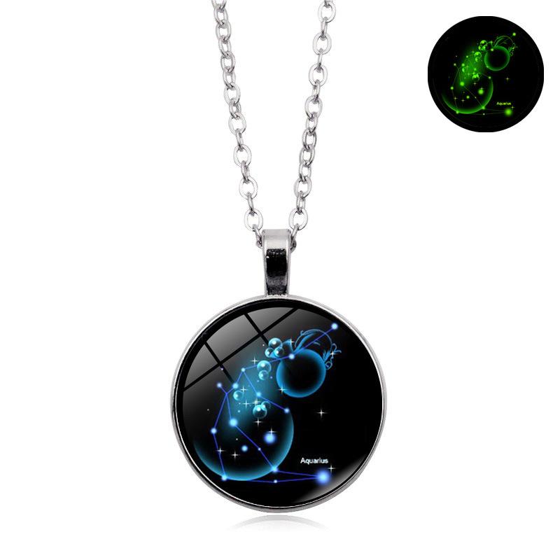 Glowing Zodiac Constellation Gemstone Pendant Necklace Vintage Versatile Sweater Chain Jewelry Accessory