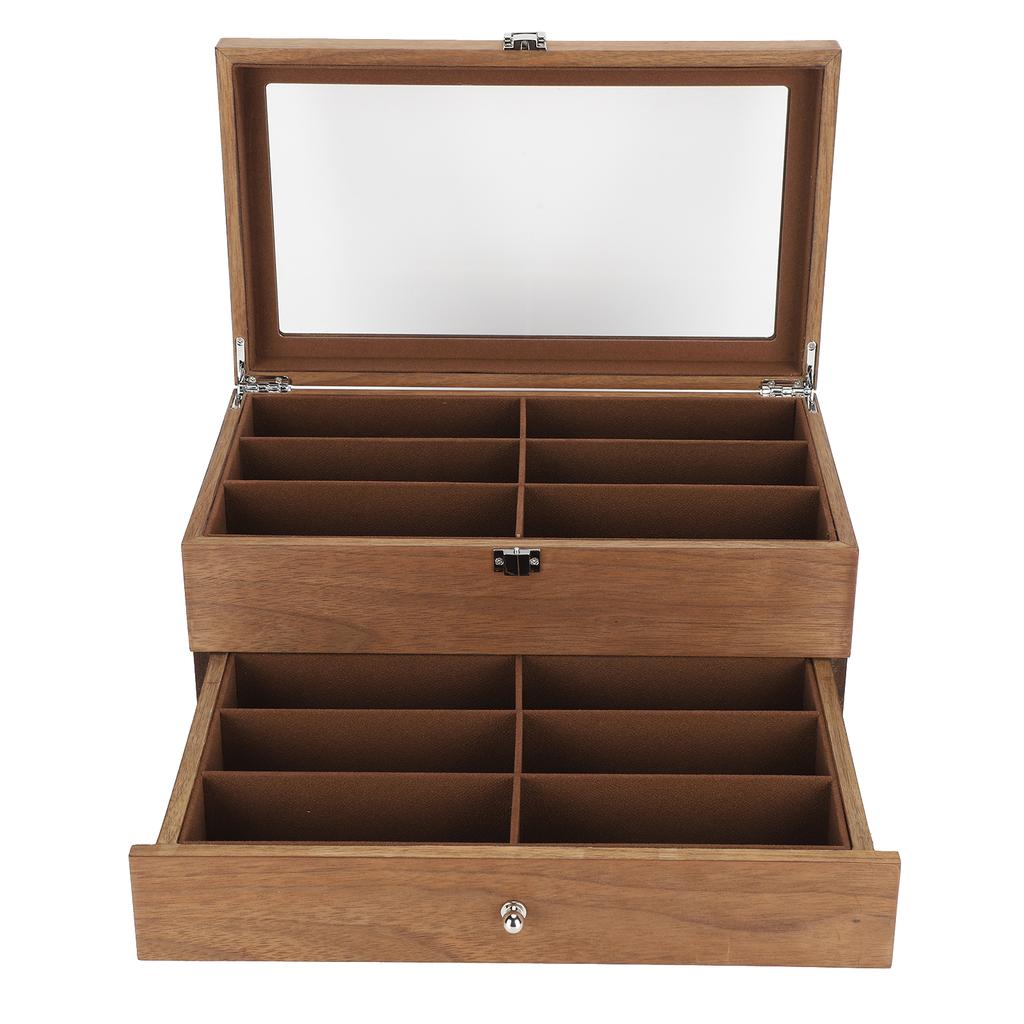 12 Slots Glasses Box Wooden Double Layer Glasses Display Case Box Organizer Decoration