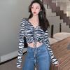 Женская тонкая сексуальная футболка с длинными рукавами в полоску зебры и пупком, топы