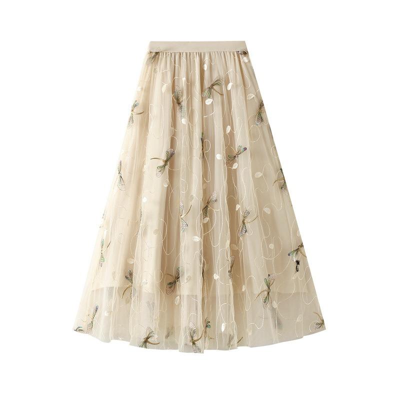 Z 3D Three-dimensional Embroidery Dragonfly Embellished Mesh Skirt Women's Summer 3-color French Romantic Skirt High Waist Long Skirt 1810