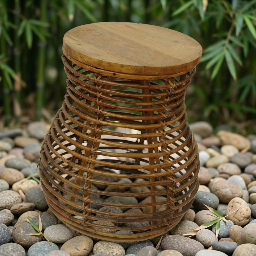 Eco Decx Rattan Woven Plant Stand for Living Room | Indoor Outdoor Bamboo Plant Stand with Tiered Design & Wooden Top | 46 x 46 x 57 cm