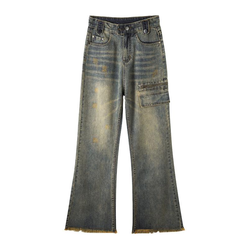 Ретро Выстиранный Синий Желтый Американская Легкая Рабочая Одежда Брюки Широкие от Бедра для Женщин Осенью и Зимой Джинсы в Пол для Женщин Осенью и Зимой