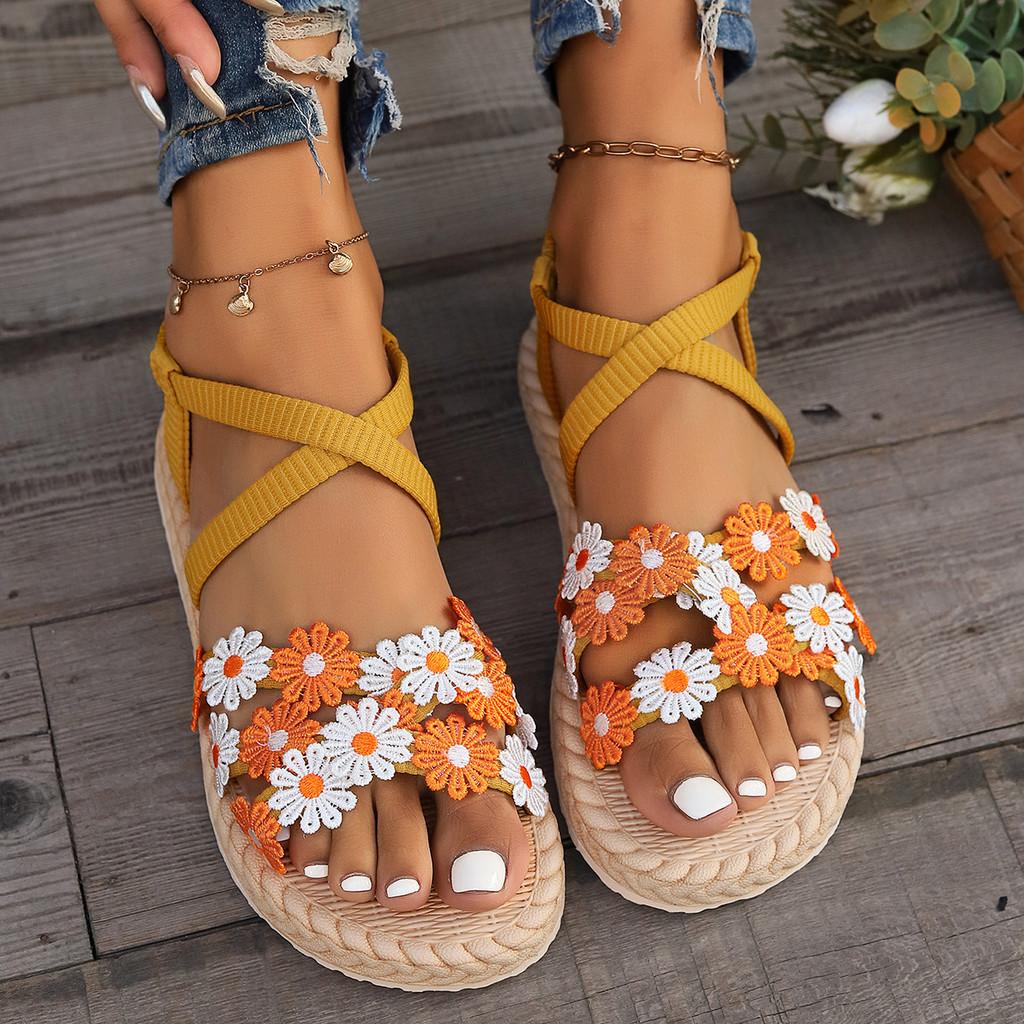 Summer Fashion Womens Cross Strappy Flower Sandals Eva Sole For Casual Wear