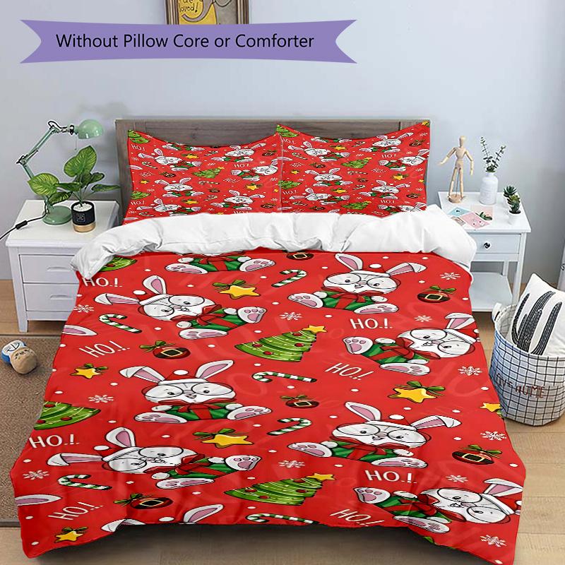 3pcs Christmas Bunny Pillowcase Set with Red Background, Includes One Quilt Cover and Two Pillowcases (No Core), Festive Gift for Bedroom
