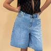 Women's Knee-Length Denim Shorts with Pockets Mid Rise Baggy Denim Bermuda Shorts Straight