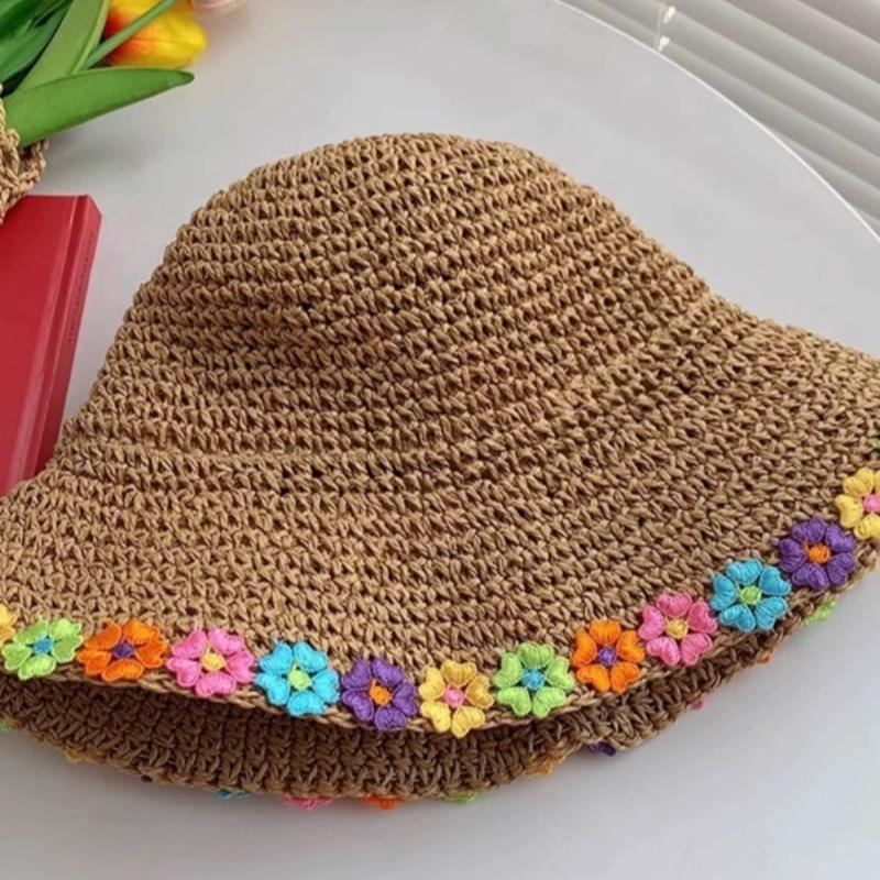 Feminine Flower Straw Fisherman Hat Summer Sun Protection Wide Brim Breathable for Beach Vacation