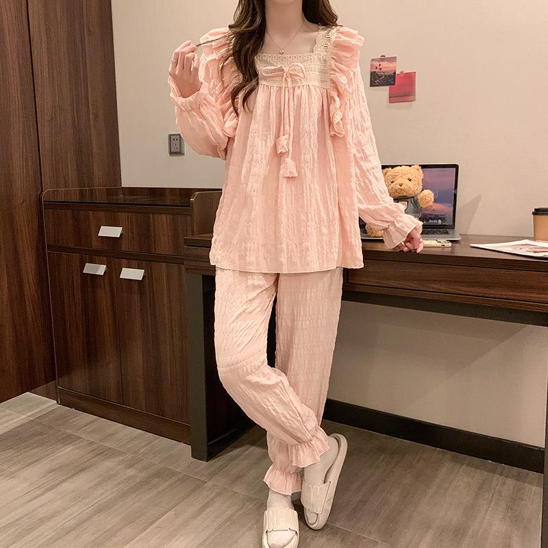 Пижама женская из креп-жатки с кружевом в японском стиле - Весенняя с длинным рукавом однотонная