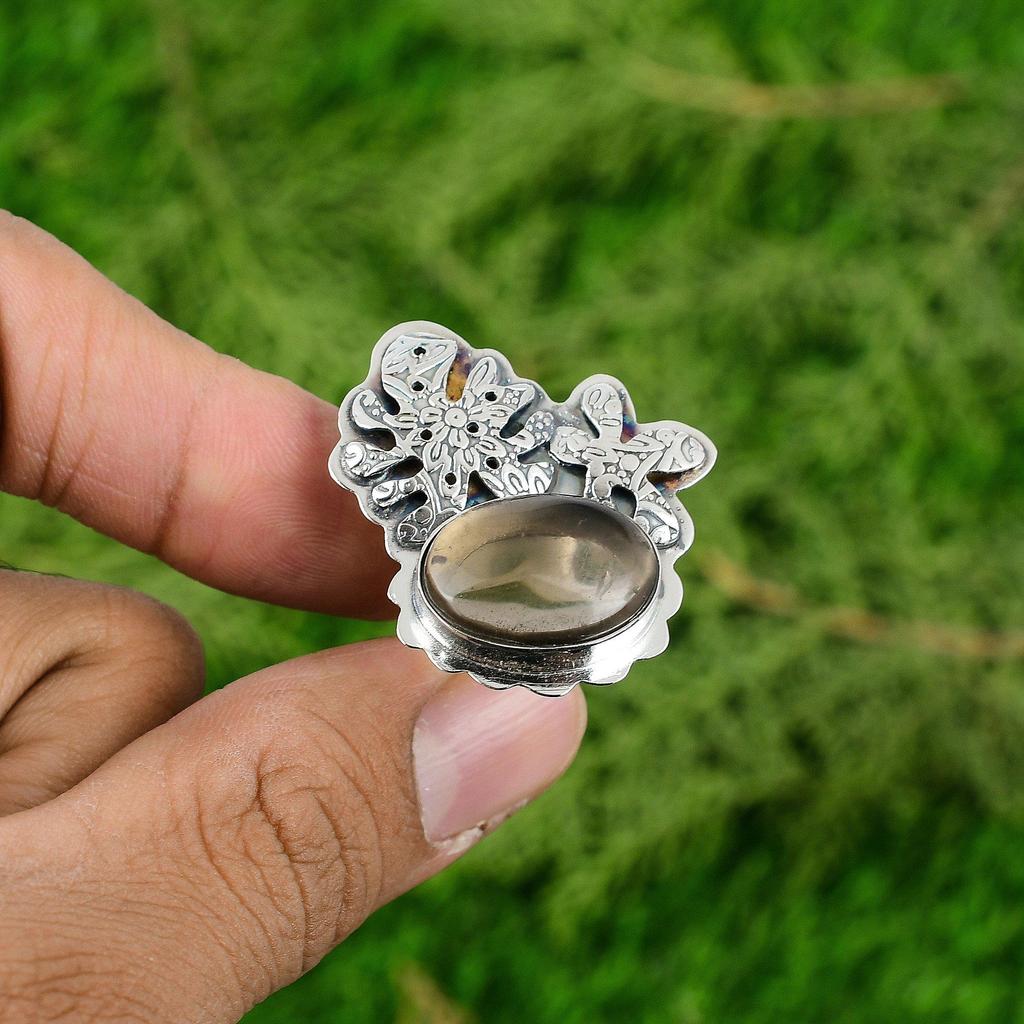 Natural Smoky Quartz Gemstone Statement Adjustable Ring 925 Silver For Girls