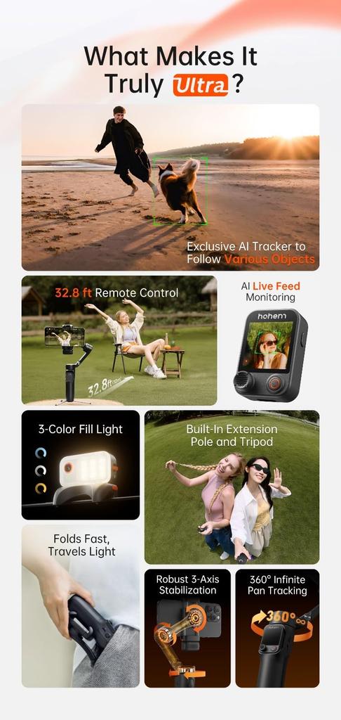 Hohem V3 Ultra AI Smartphone Stabilizer with Smart Touch Color Screen Fill Magnetic iOS Android Foldable and Portable Video Stabilizer Auto-Tracking