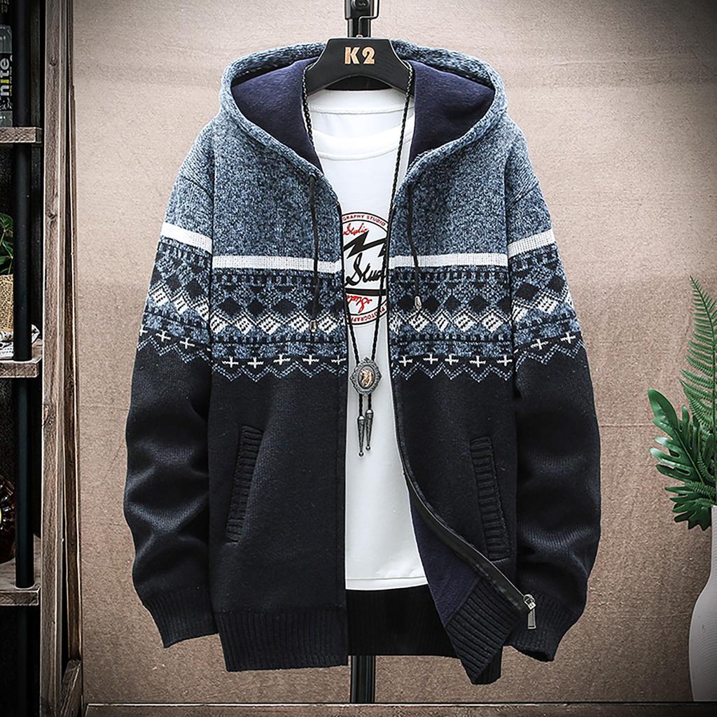 Men's Fall And Winter Casual Sweater Jacket Warm Knit Sweater Hooded Hoodie
