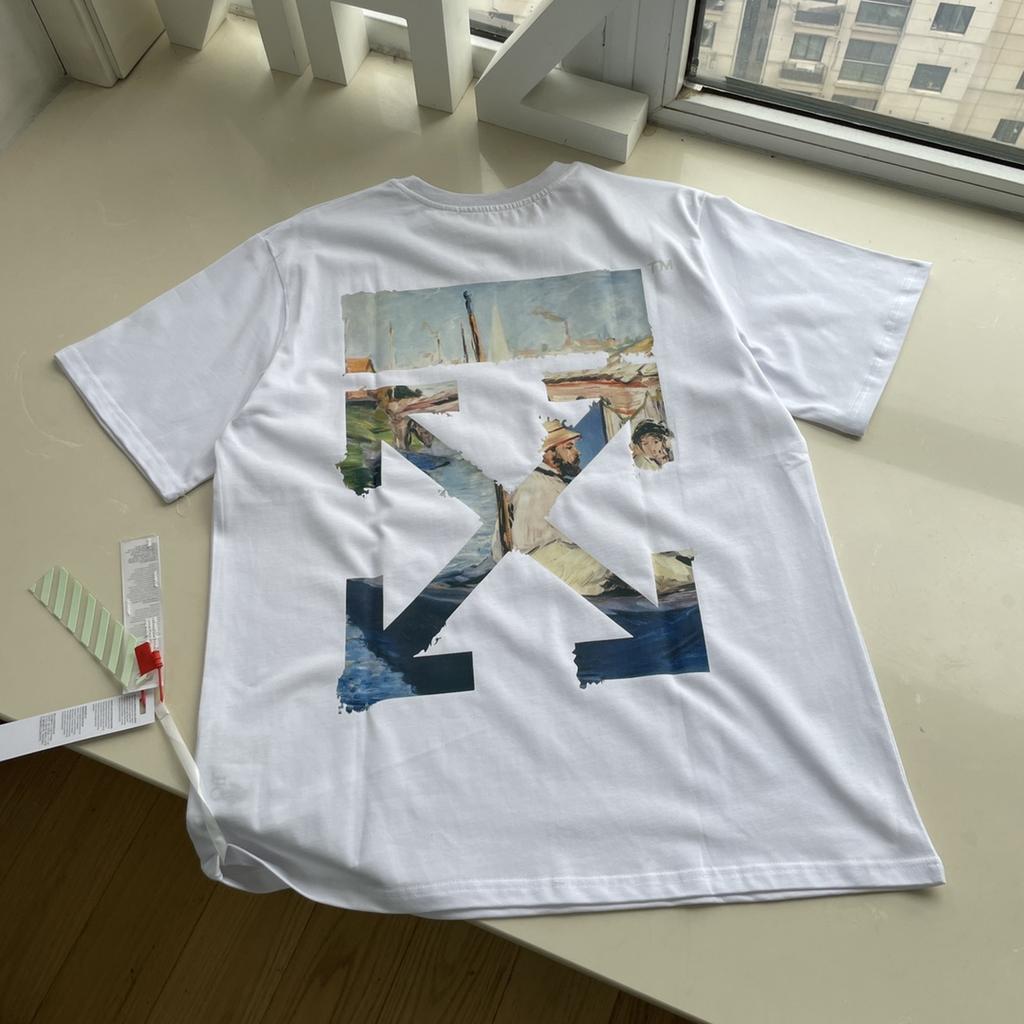 Off-White Лето 2025 года, новая классическая футболка с короткими рукавами и принтом стрелы от Monet для мужчин и женщин, парная футболка