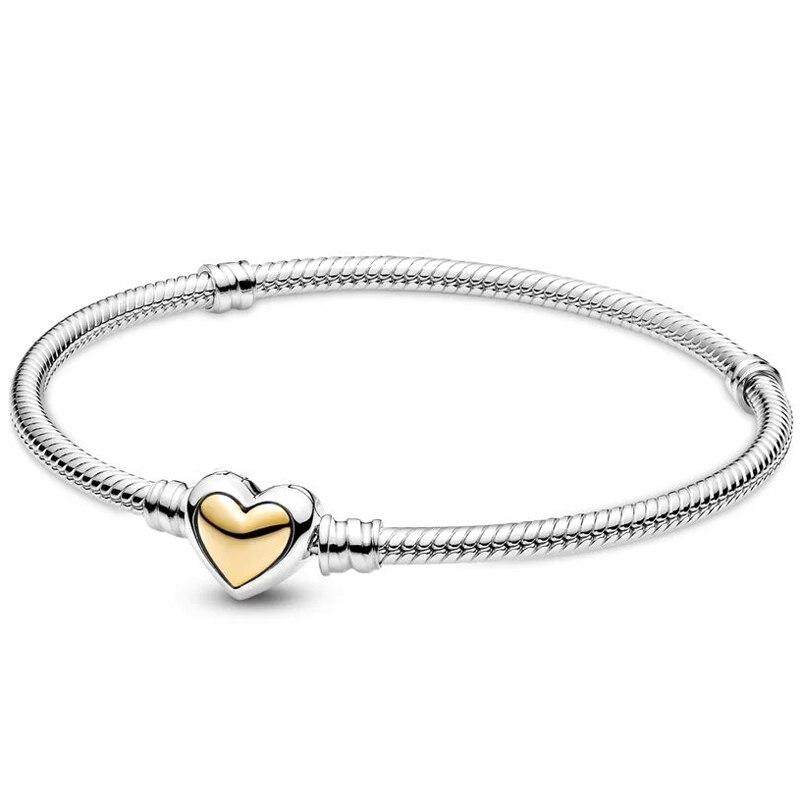 100% стерлингового серебра 925 пробы розовое многокупольное золотое сердце застежка змея цепь гало теннисный браслет подходит для Европы бусины шарм Diy ювелирные изделия