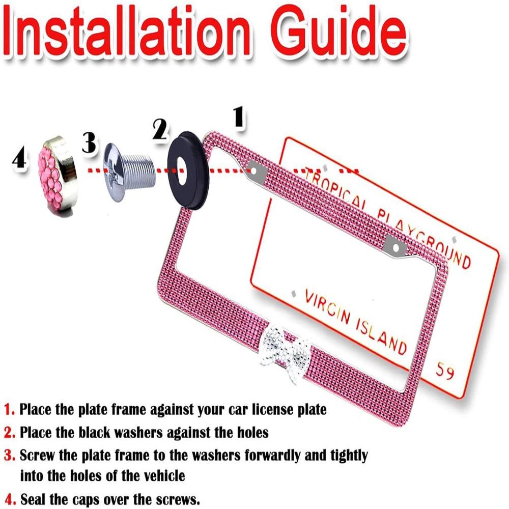 2 Pack Pink,White Bling License Plate Frame License Bracket Holder  for US Vehicle