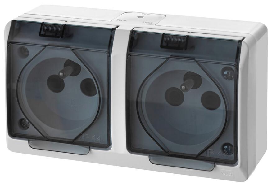 2-gang surface-mounted socket, IP44, white, smoke flap, HERMES