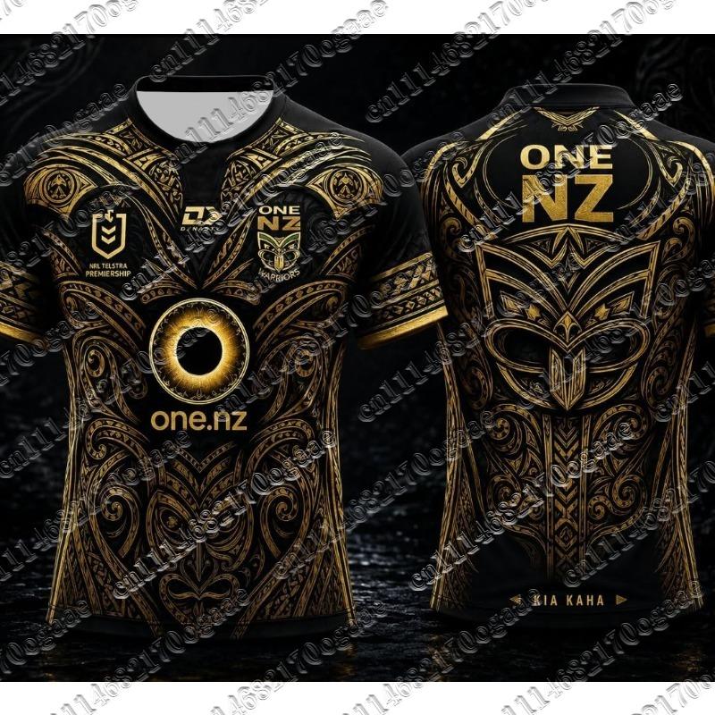 Новая мужская регбийная майка Warriors Черно-золотая с маорийским tribal-принтом, с коротким рукавом, спортивная рубашка, модные графические спортивные топы для фанатов