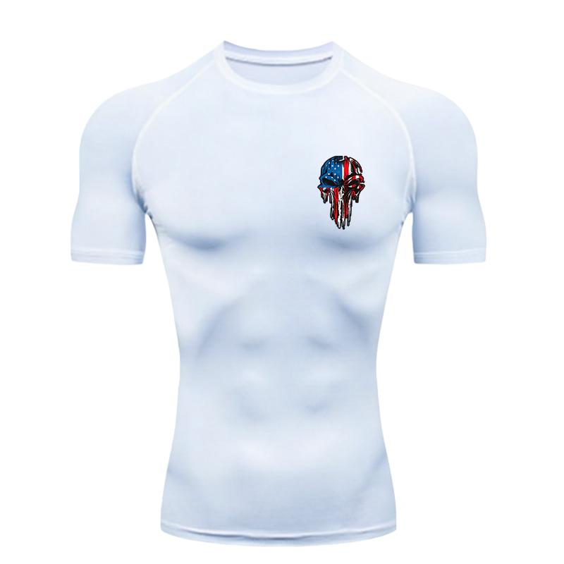 American Flag Skull Men's Sports T-shirt Training Fitness Quick Dry Short Sleeve Jogging Running Workout Compression Shirt