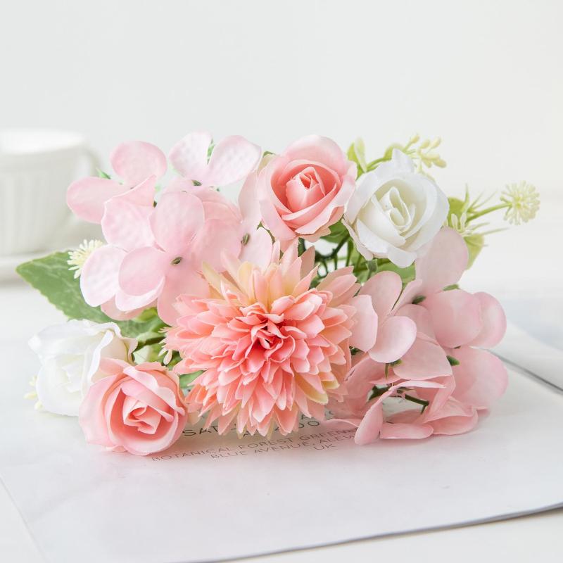 Artificial Fake Flower Bouquet Rose & Hydrangea Silk Flowers for Home Vase Bridal Shower Decor Photo Studio Floral Props