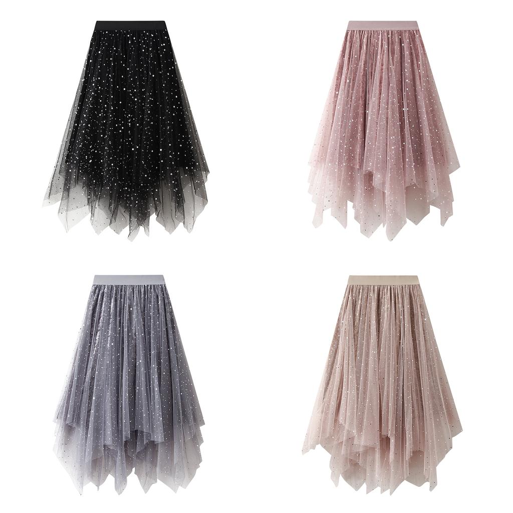 Women Irregular Tulle Tutu Skirt Casual Shiny Star Sequin Elastic Mesh Princess Skirt for Streetwear