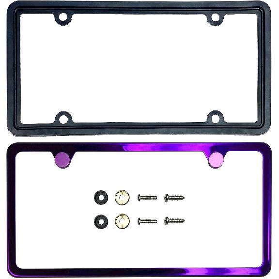 Рамка номерного знака Ized с лазерной гравировкой, фиолетовый хром, нержавеющая сталь T304, 2 отверстия, тонкая, универсальная посадка, алюминиевая крышка-заглушка на винтах, не ржавеет,