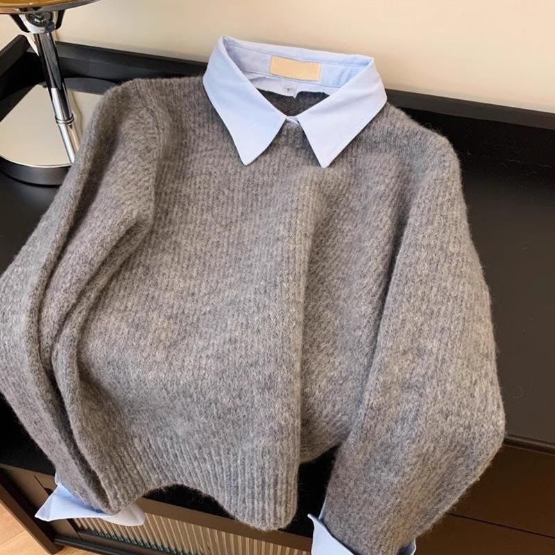 Свитер с воротником-обманкой, женский осенний наряд, ленивый интерьер, контрастный цвет, серый вязаный свитер-топ с отложным воротником