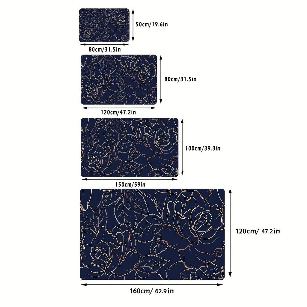 Luxury Navy Blue Rose Floor Mat Gold Line Art Floral Area Rug Non-slip Soft Carpet for Living Room Bedroom Sofa Home Decor