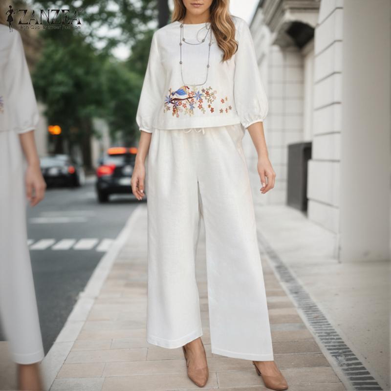 ZANZEA Женский повседневный костюм из двух частей с принтом и блузкой с рукавом 3/4 и брюками