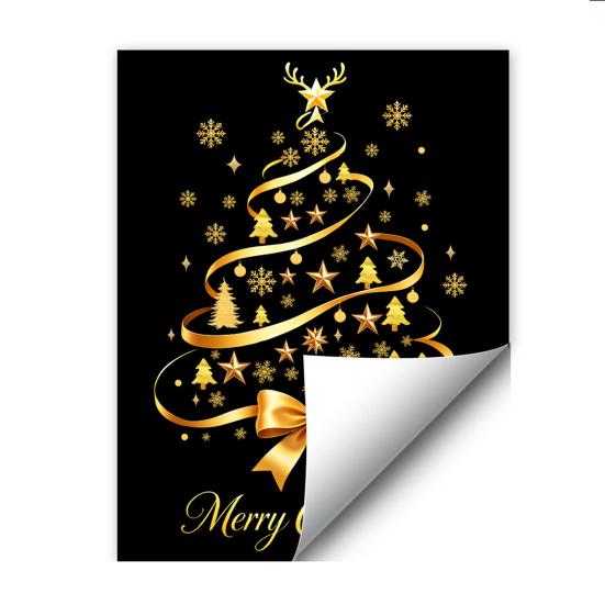 Removable PVC Window Stickers Gold Ribbon Christmas Tree Static Cling, Glass Sticker with Bow, Reindeer Xmas Elk Starlight Decals Antler & Star