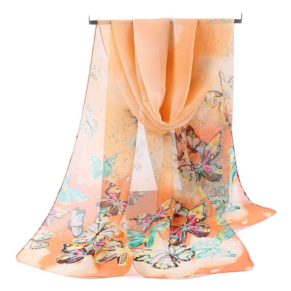 Sunscreen Long Wrap Shawl Butterfly Print Beach Gauze Scarf Elegant Shawl Silk for Women