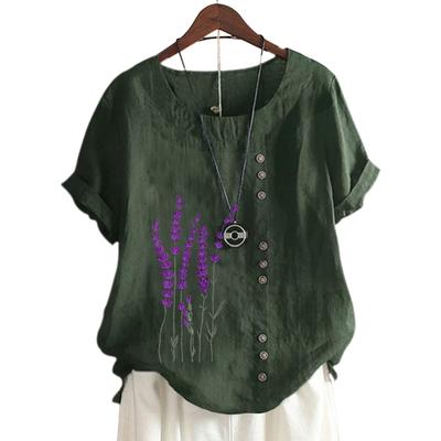 Непринужденный стильный женский топ с круглым вырезом, цветочным принтом и украшением на пуговицах