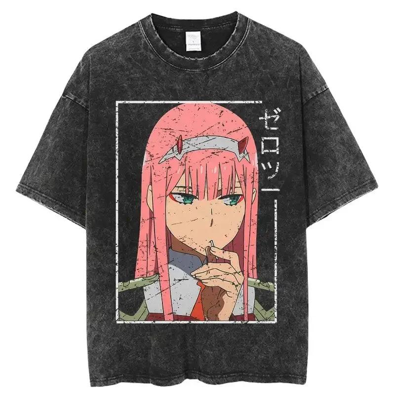 Zero Two Darling in The Franxx Винтажная кислотная стирка Аниме Футболка Вапорвейв Эстетика Черная Оверсайз Унисекс Уличная Одежда Фан Футболка