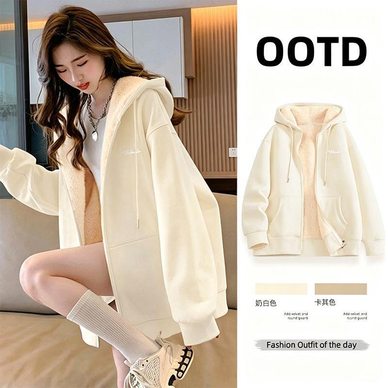 Women's Lambswool Sweatshirt Jacket, Spring/Fall Loose-Fit Long-Sleeve Top, Casual Hooded Cardigan