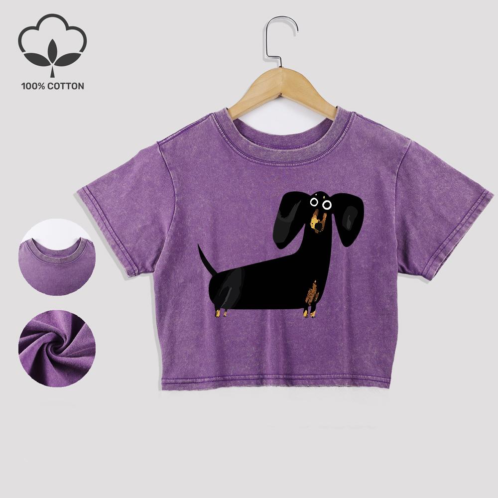 Забавные хлопковые футболки с принтом собаки таксы, выстиранные, летние кроп-топы с кружевной отделкой по низу, обычного кроя, с круглым вырезом и короткими рукавами, повседневная одежда