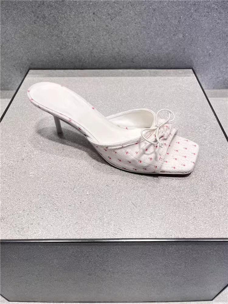 Элегантные тапочки женские однотонные кожаные однотонные с открытым носком на тонком высоком каблуке женские шлепанцы с бантом-бабочкой уличная обувь большого размера