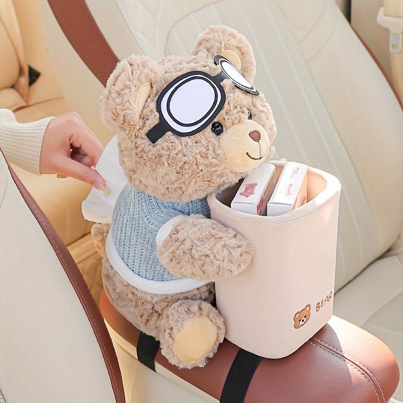 1Pc Cute Teddy Bear Car Tissue Holder & Trash Can 2-In-1 Organizer - Universal Car Armrest Storage Rack With Goggles Car Trash