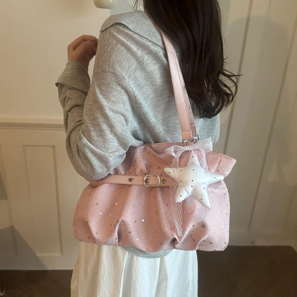 Solid Color Star Print Handbag Nylon Underarm Shoulder Bag Simple Women Tote Bag Ladies