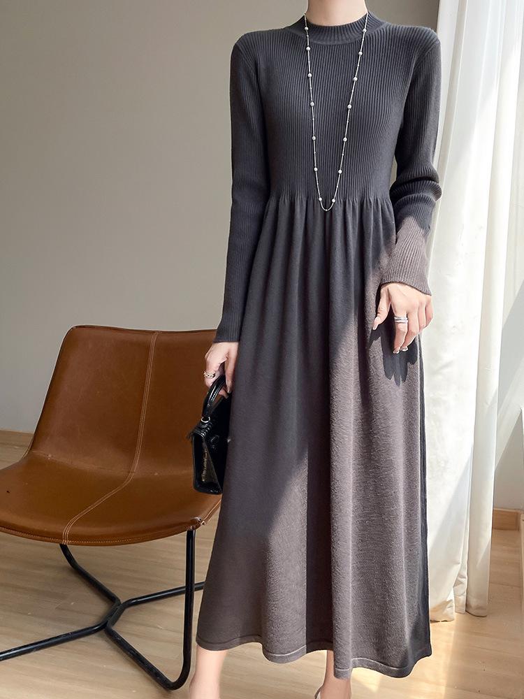 Women's Solid Color Velvet Knit Pullover Mid-Length Dress - Long Sleeve, Half High Neck, Over-the-Knee Style