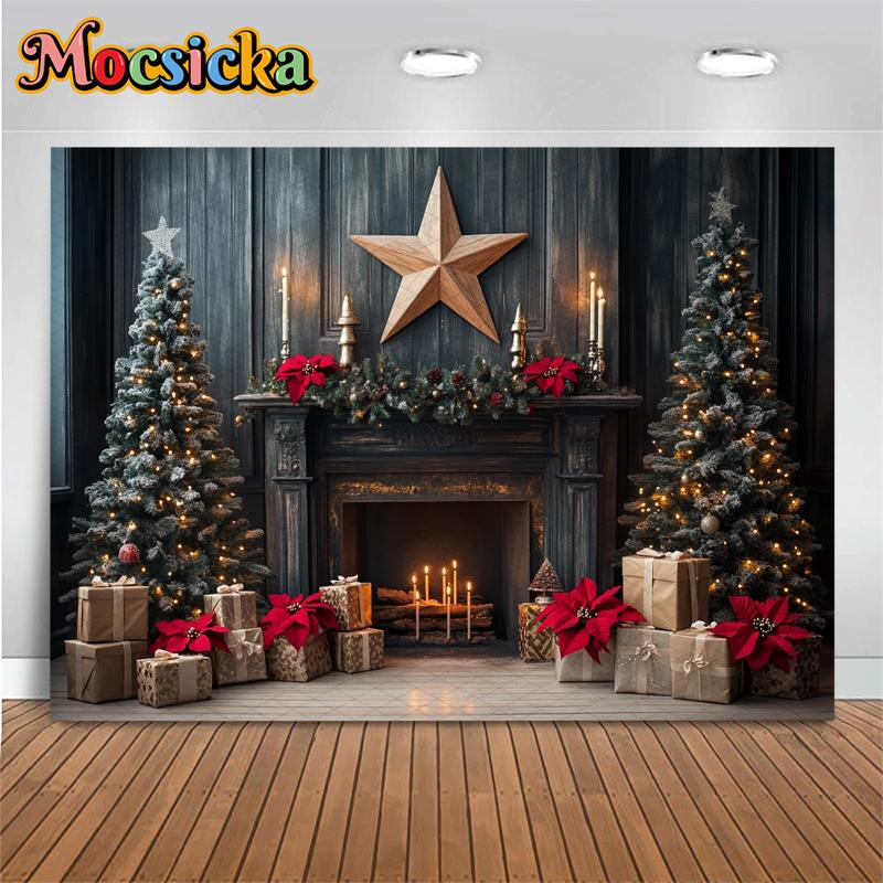 Mocsicka Christmas Tree Photography Background Gift Fireplace Home Wood Wall Decoration Baby Photo Backdrop Shooting Prop Studio