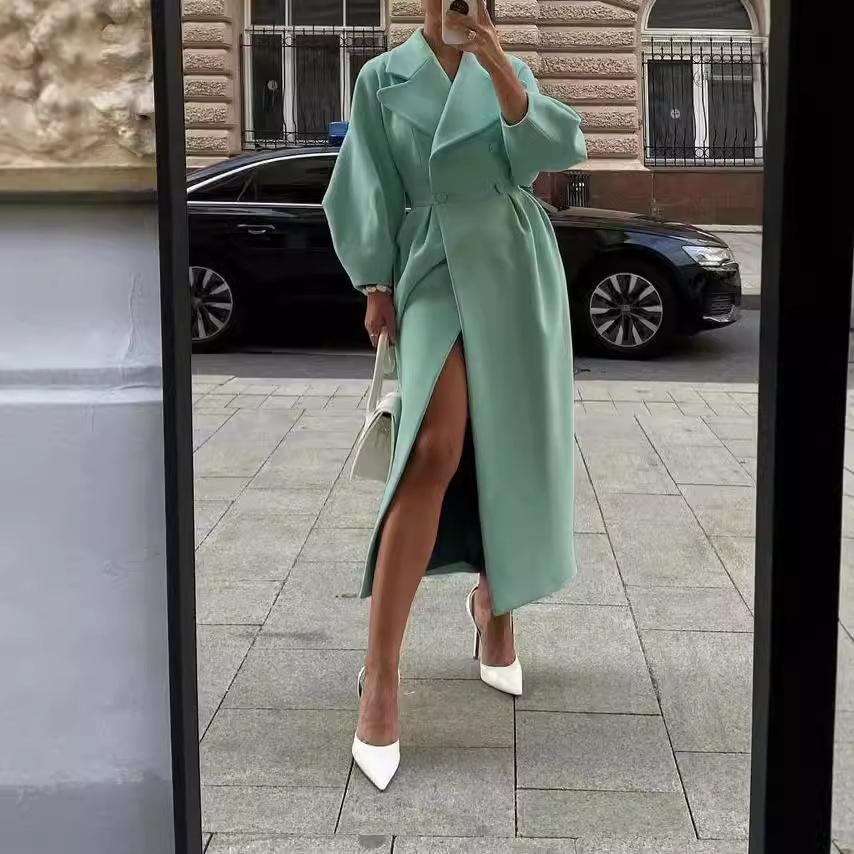 Женское элегантное двубортное длинное пальто из шерстяной смеси, зимнее пальто с большими лацканами и поясом, модная приталенная верхняя одежда в дворцовом стиле