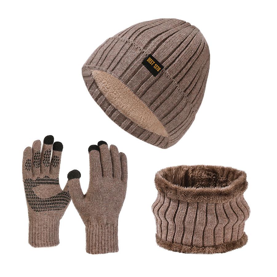 Мужская вязаная шапка, шарф, перчатки для сенсорных экранов, комплект из трех предметов, утолщенный зимний, высокоэластичный, теплый комплект
